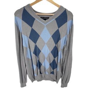 Kenneth Roberts Men’s Silk Blend Argyle V Neck Pullover Sweater Gray Blue Large